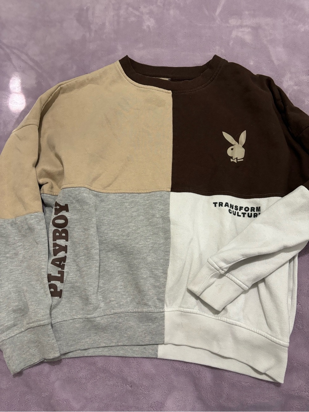 PLAYBOY Patchwork Crewneck Sweater in Beige, Brown, Gray & White